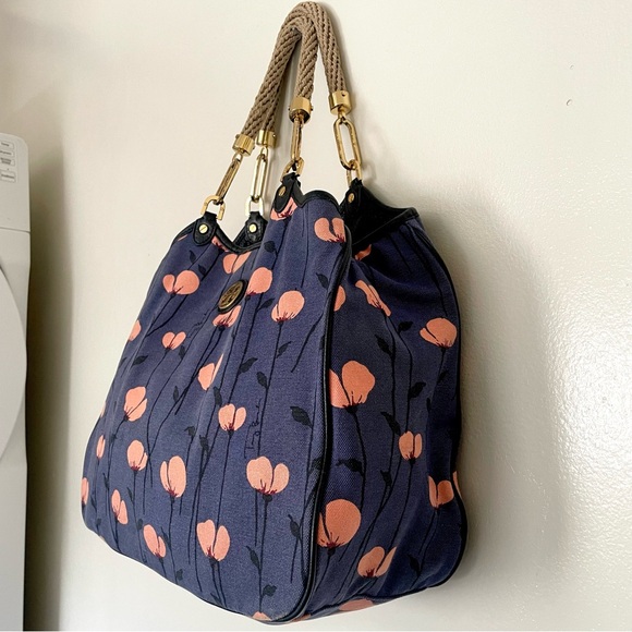 Tory Burch Floral Canvas Large Handbag Blue and Coral - Picture 9 of 11